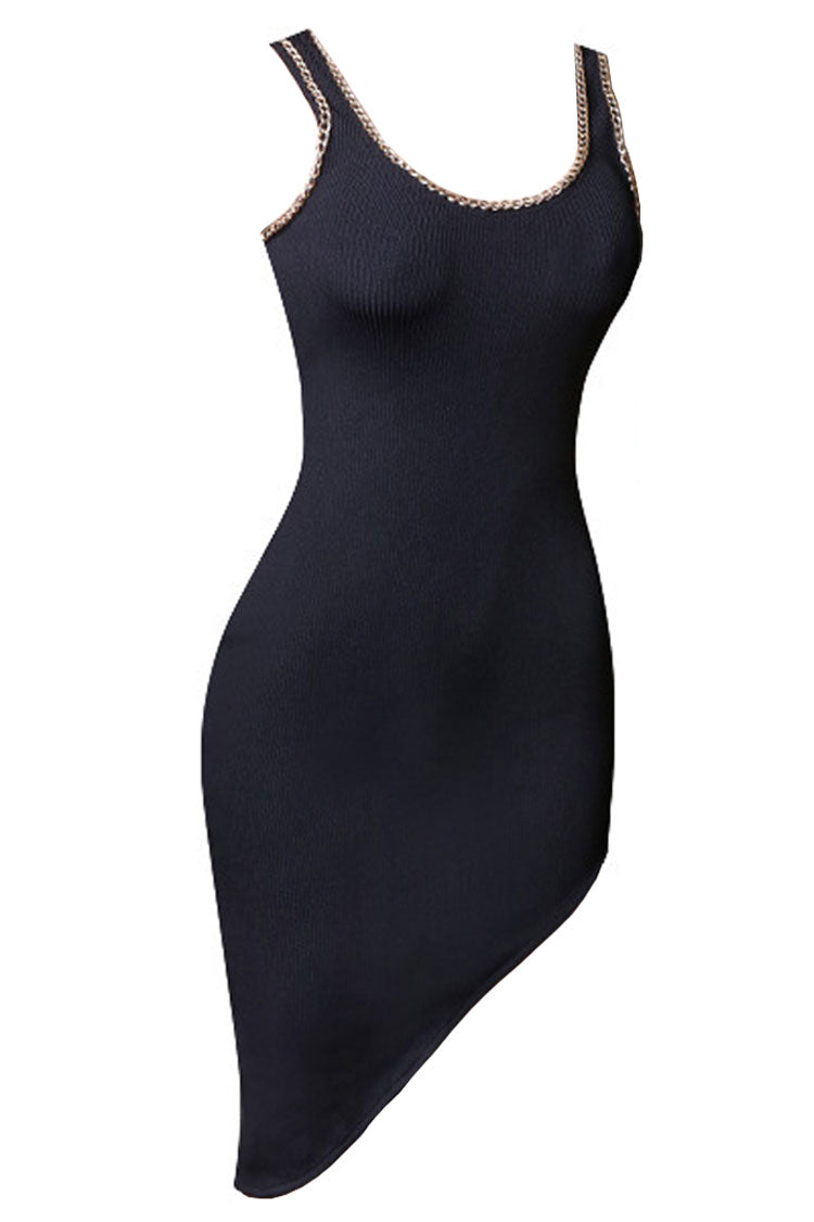 Asymmetric Chain Detail Sleeveless Bandage Party Dress - Black - Fashionpara