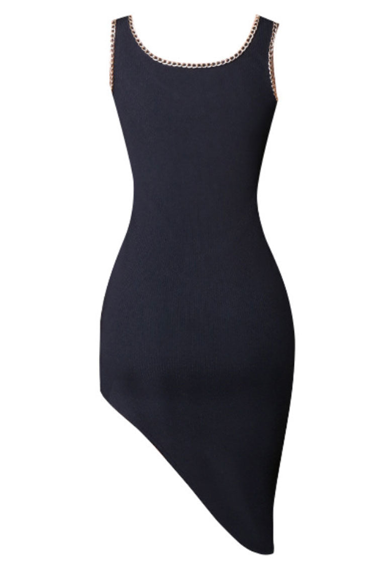 Asymmetric Chain Detail Sleeveless Bandage Party Dress - Black - Fashionpara