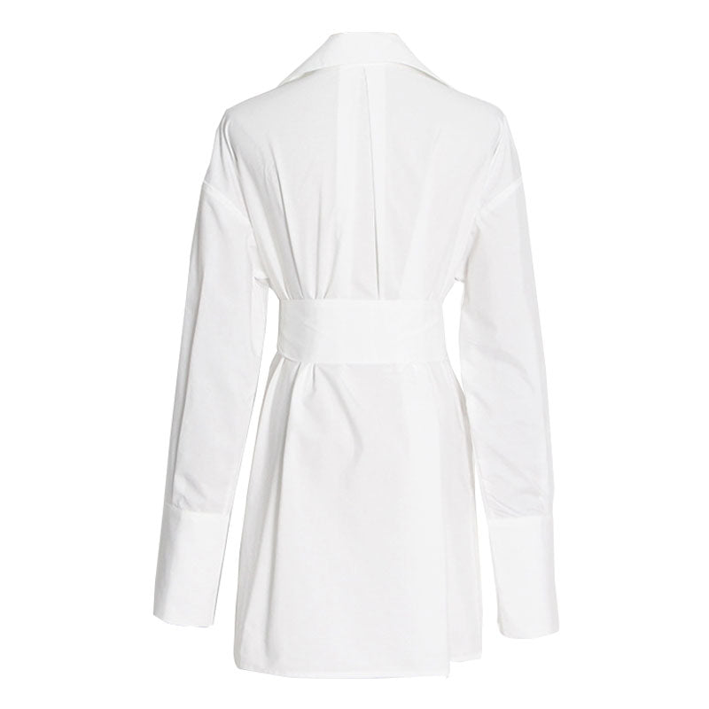 Collared Patch Pocket Button Up Belted Long Sleeve Shirt - White