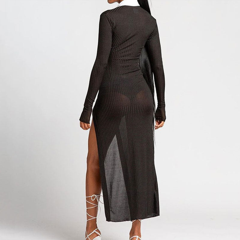 Contrast Collar Button Up Sheer Ribbed Knit High Split Maxi Dress 2