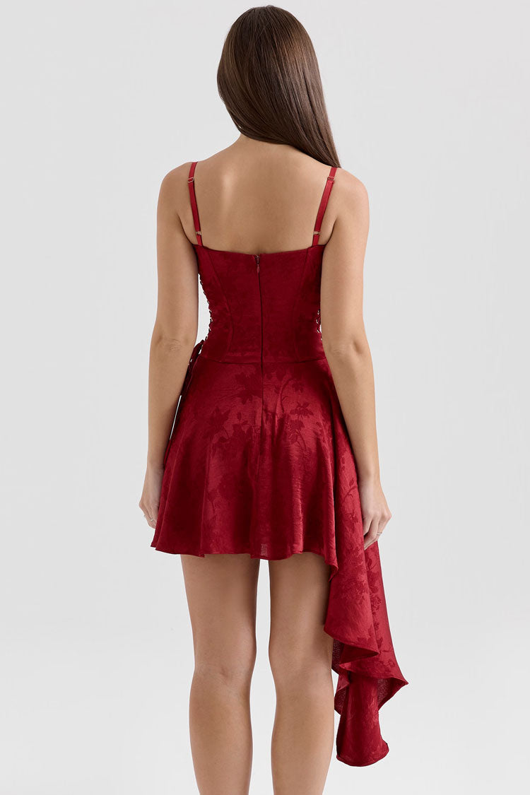 Asymmetric Draped Lace Up Bustier Corset Jacquard Slip Party Mini Dress - Fashionpara