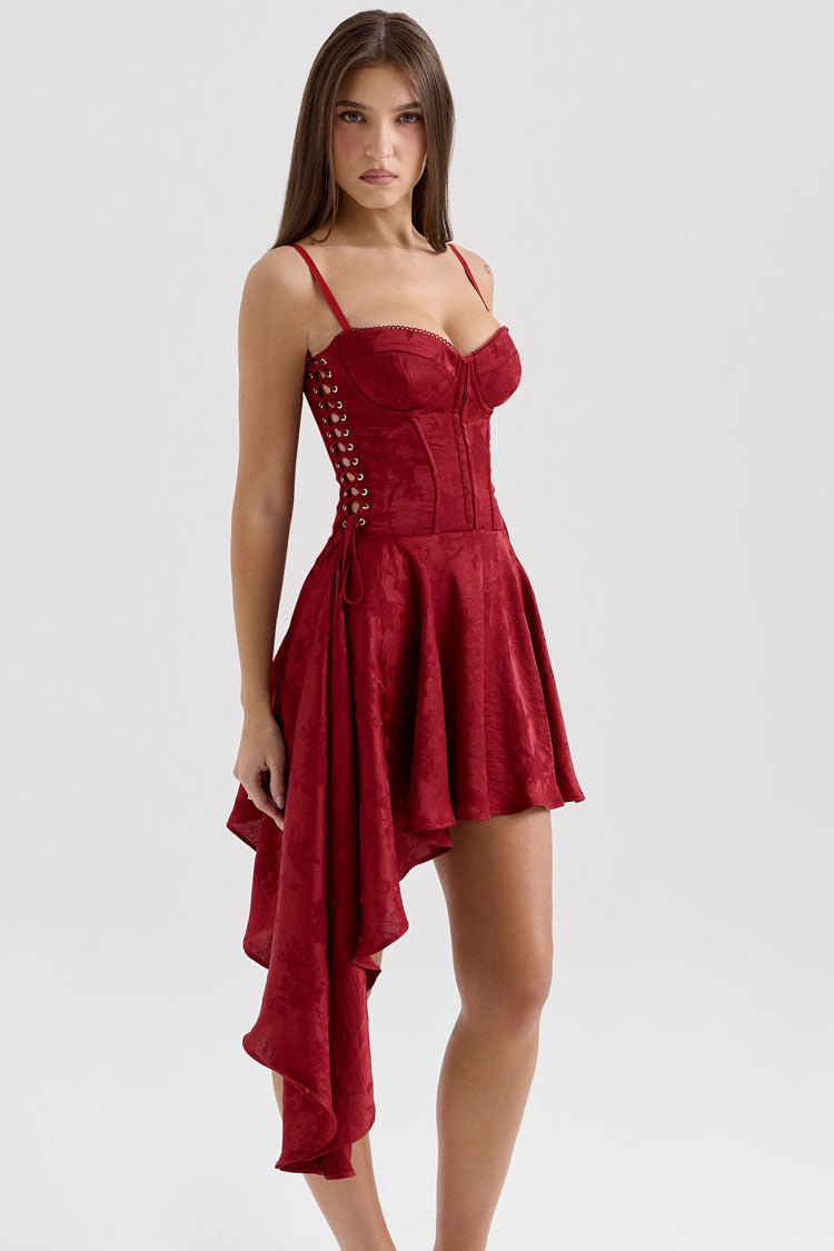 Asymmetric Draped Lace Up Bustier Corset Jacquard Slip Party Mini Dress - Fashionpara