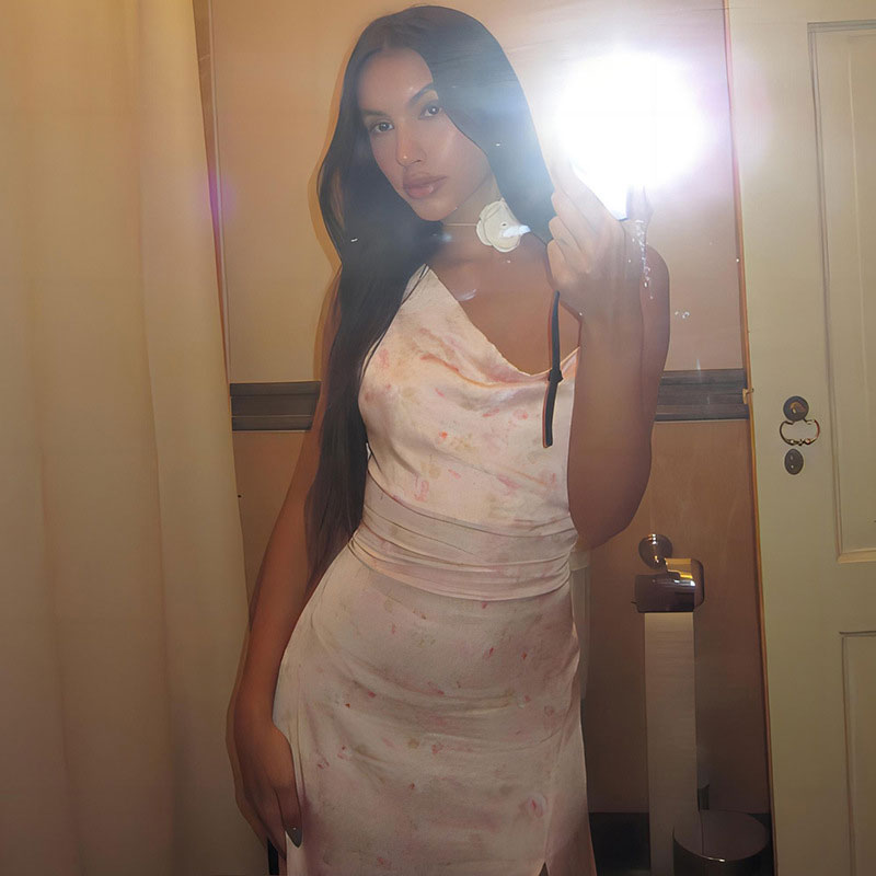 Floral Print Cowl Neck Spaghetti Strap High Slit Midi Dress 2