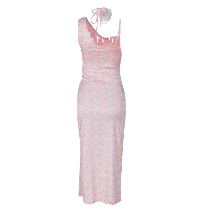 Floral Print Cowl Neck Spaghetti Strap High Slit Midi Dress 4