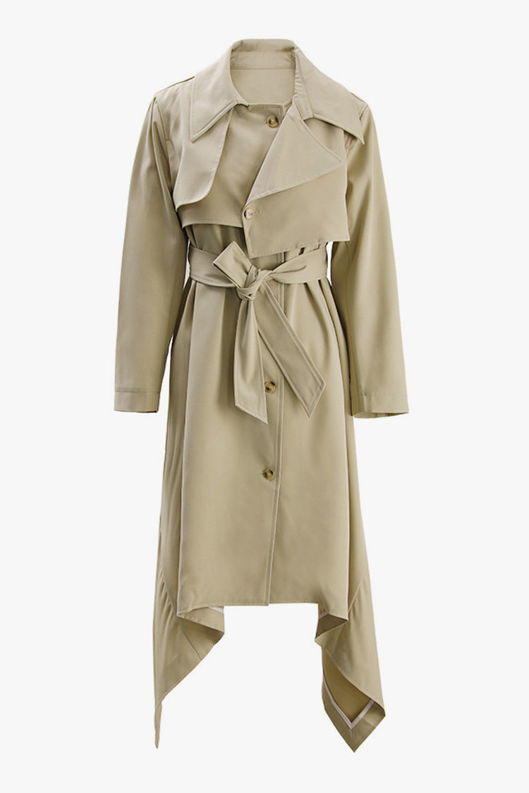 Asymmetric Collar Belted Trench Coat with Cinched Waist