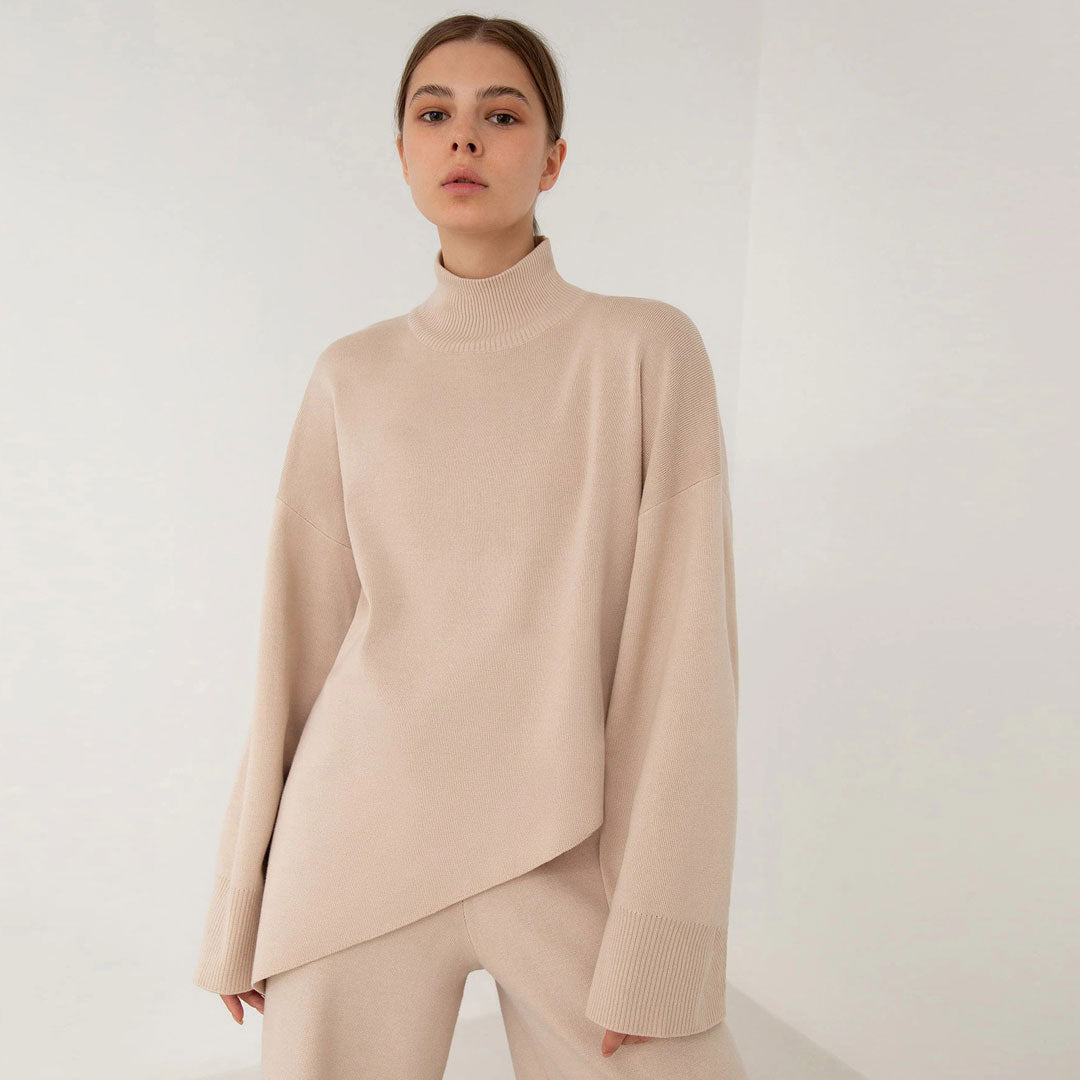 Asymmetric High Neck Bell Sleeve Sweater Wide Leg Pants Matching Set - Apricot - Fashionpara