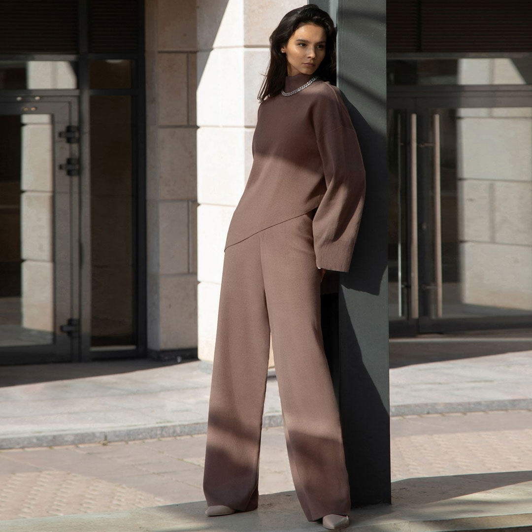 Asymmetric High Neck Bell Sleeve Sweater Wide Leg Pants Matching Set - Caramel - Fashionpara