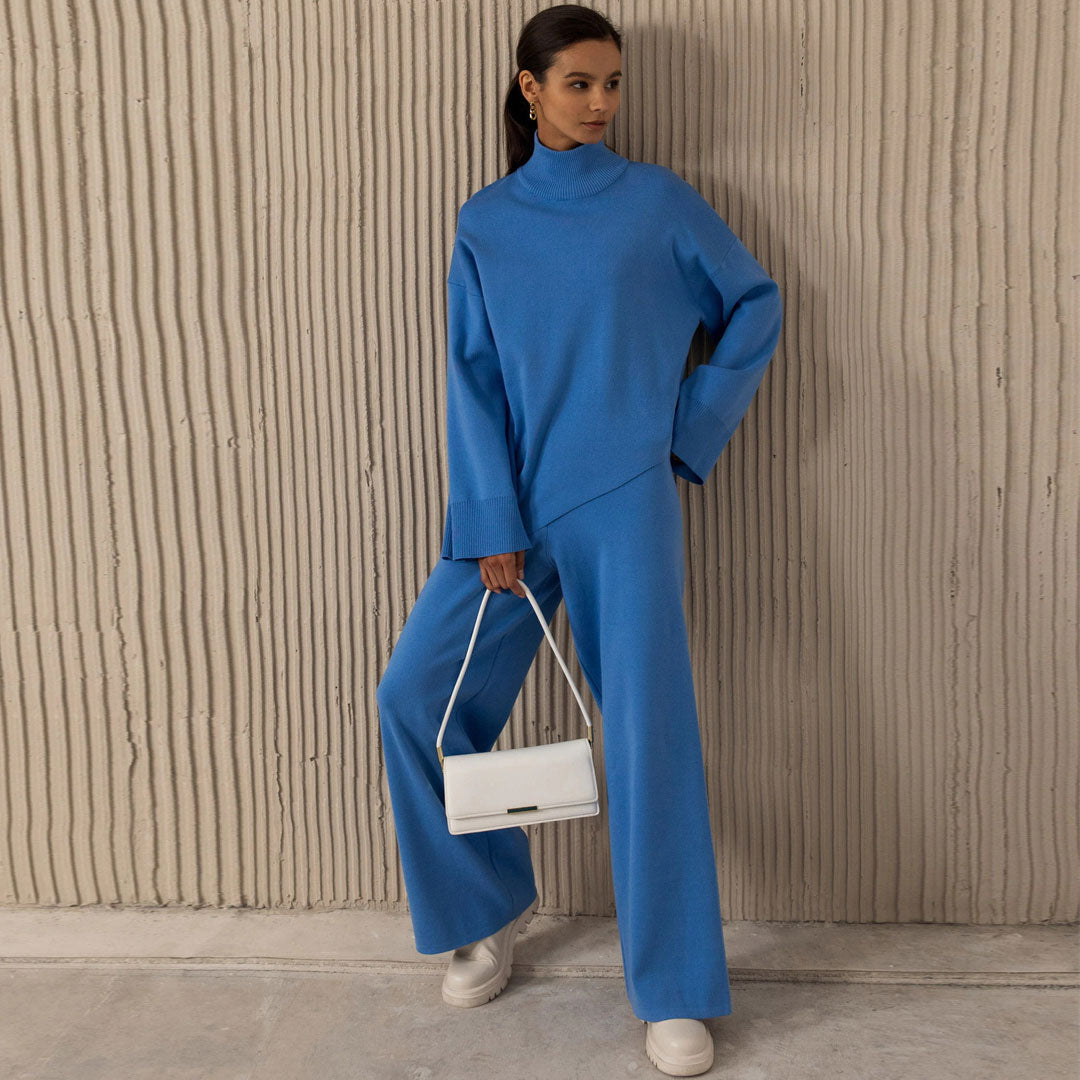 Asymmetric High Neck Bell Sleeve Sweater Wide Leg Pants Matching Set - Royal Blue - Fashionpara