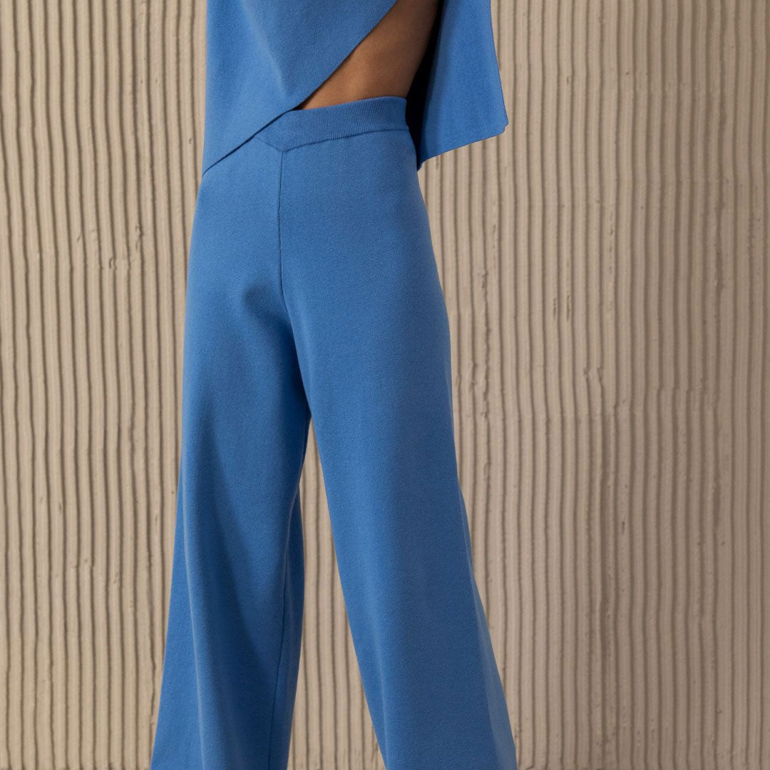 Asymmetric High Neck Bell Sleeve Sweater Wide Leg Pants Matching Set - Royal Blue - Fashionpara