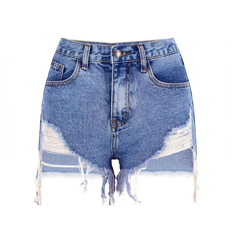 Asymmetric High Waist Cut Out Distressed Denim Shorts - Blue Fashionpara