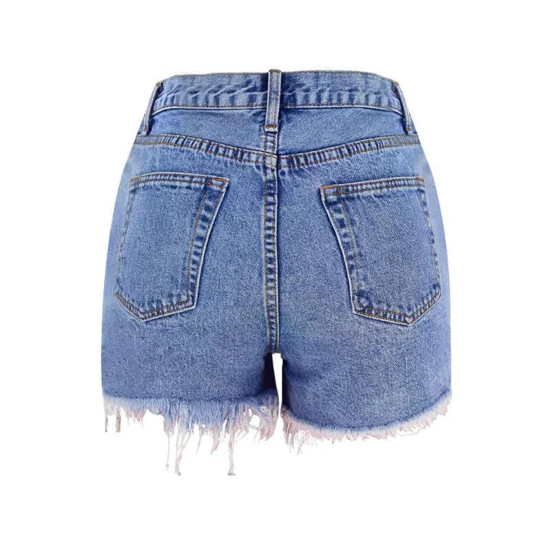 Asymmetric High Waist Cut Out Distressed Denim Shorts - Blue Fashionpara