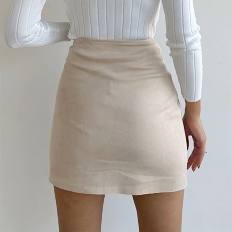 High Waist Button Up Faux Suede Wrap Mini Skirt - Beige