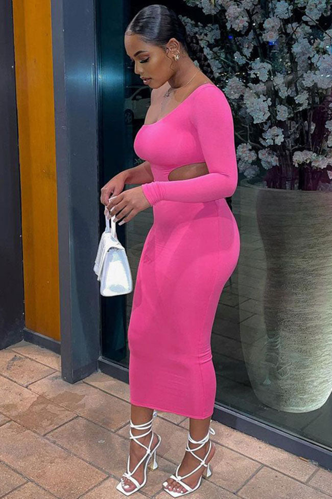 Asymmetric One Shoulder Long Sleeve Cutout Bodycon Party Midi Dress - Pink Fashionpara