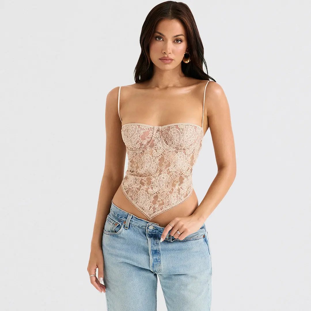 Asymmetric Paisley Lace Sweetheart Sleeveless Crop Tank Top - Apricot Fashionpara