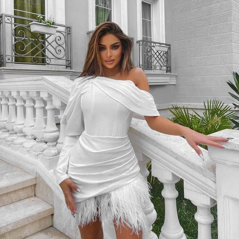 Satin One-Shoulder Long Sleeve Feather Hem Corset Mini Dress