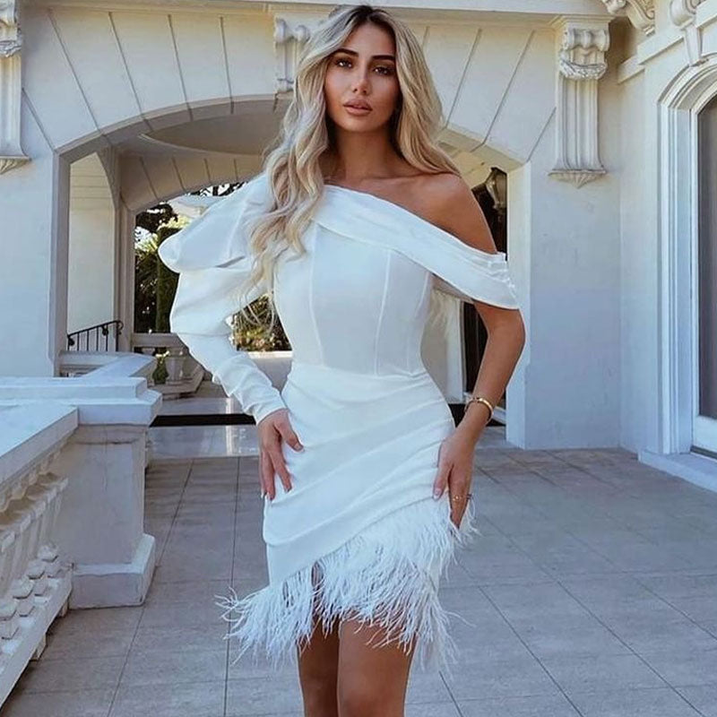 Satin One-Shoulder Long Sleeve Feather Hem Corset Mini Dress 3