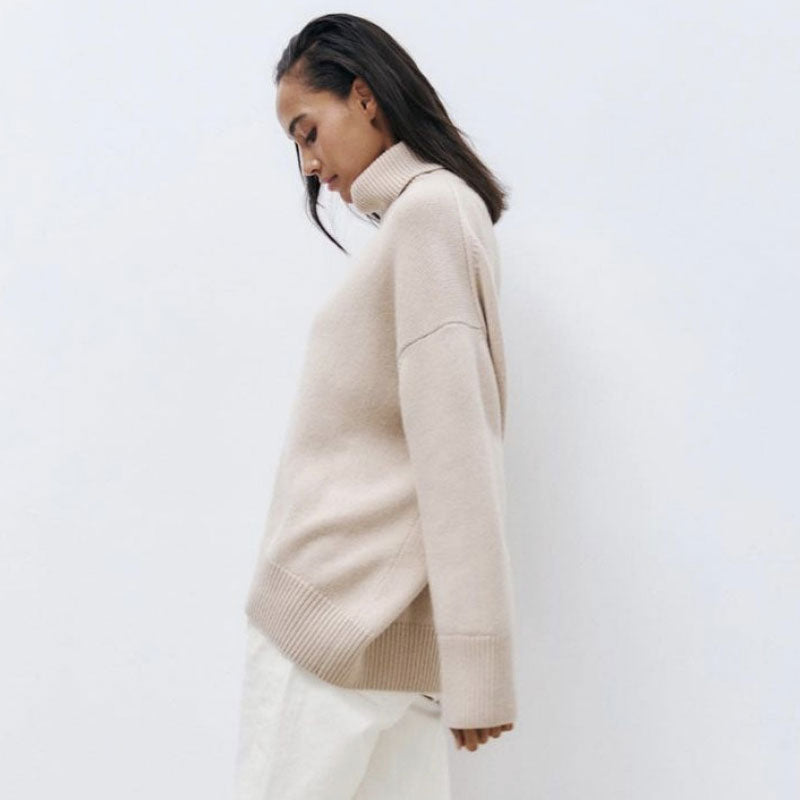 Rib Trim Turtleneck Long Sleeve Pullover Sweater - Camel
