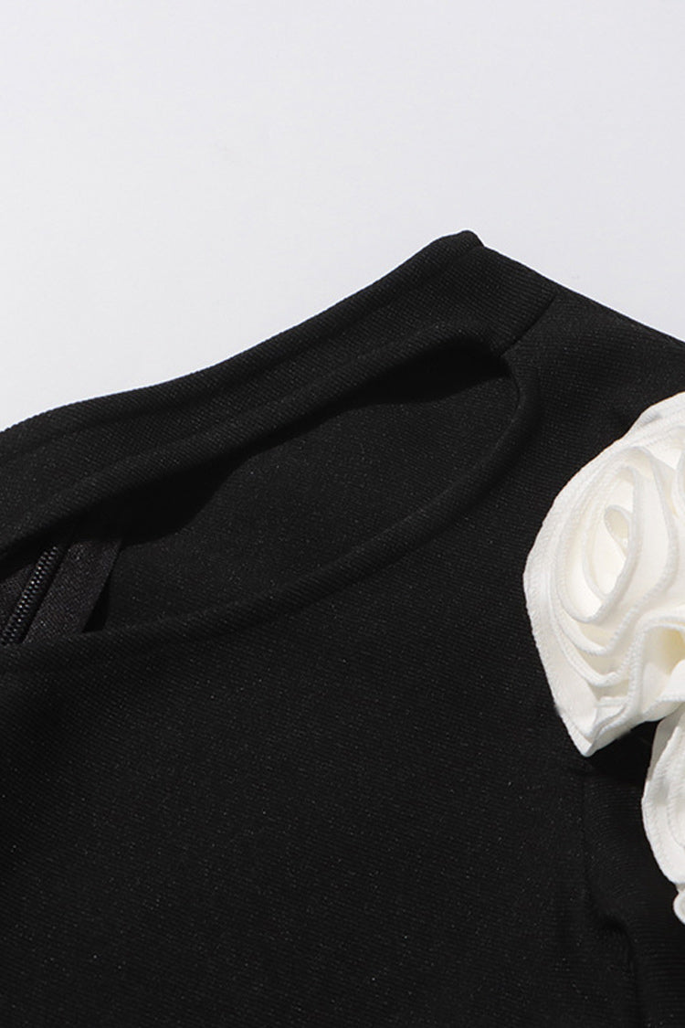 Asymmetric Rosette Cut Out One Shoulder Bodycon Evening Maxi Dress - Fashionpara