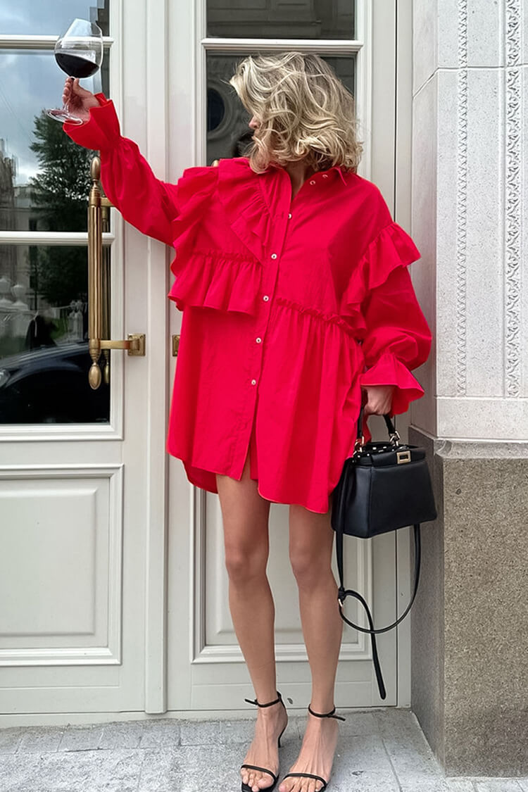 Asymmetric Ruffle Collared Button Up Babydoll Micro Mini Shirt Dress