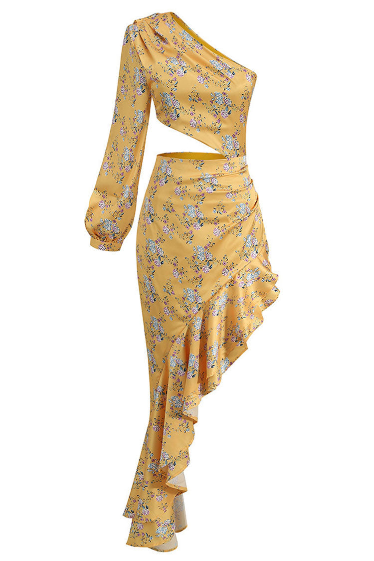 Asymmetric Ruffle Floral Printed One Shoulder Evening Dress - Yellow  Fashionpara
