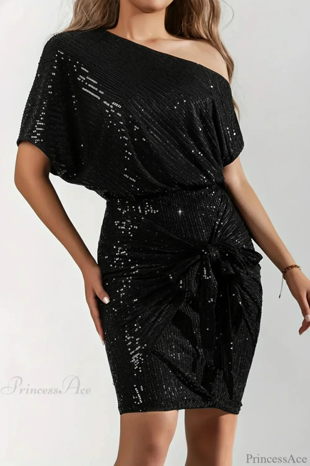 Sequin Off Shoulder Short Sleeve Twist Mini Dress