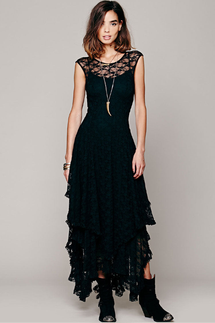 Asymmetric Tiered Ruffle Sleeveless Maxi Lace Dress - Black Fashionpara