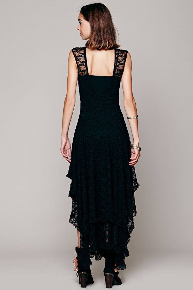 Asymmetric Tiered Ruffle Sleeveless Maxi Lace Dress - Black Fashionpara