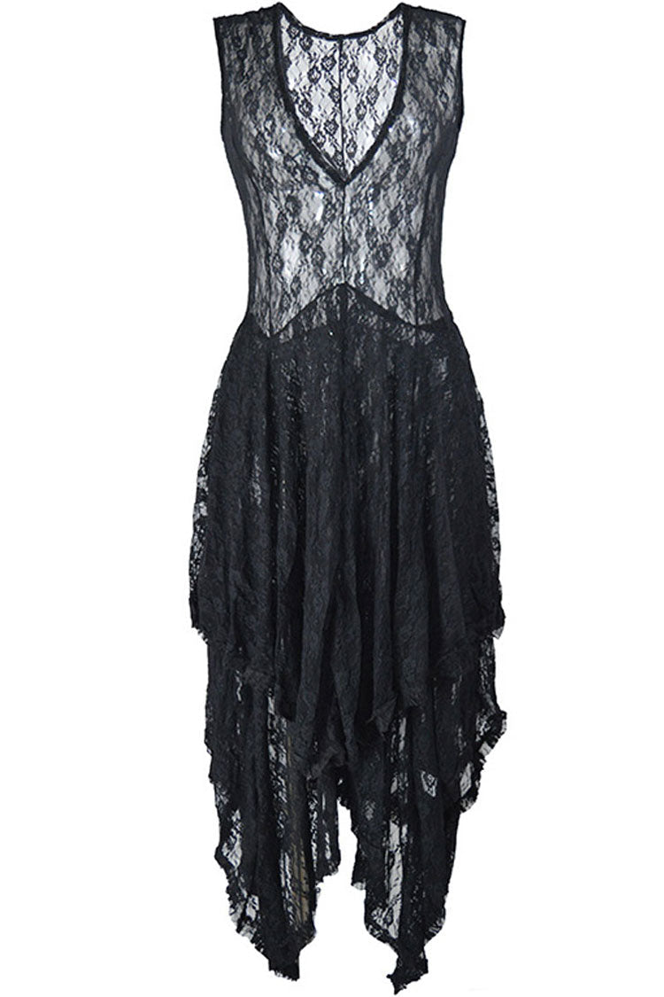 Asymmetric Tiered Ruffle Sleeveless Maxi Lace Dress - Black Fashionpara