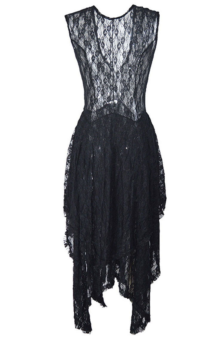 Asymmetric Tiered Ruffle Sleeveless Maxi Lace Dress - Black Fashionpara