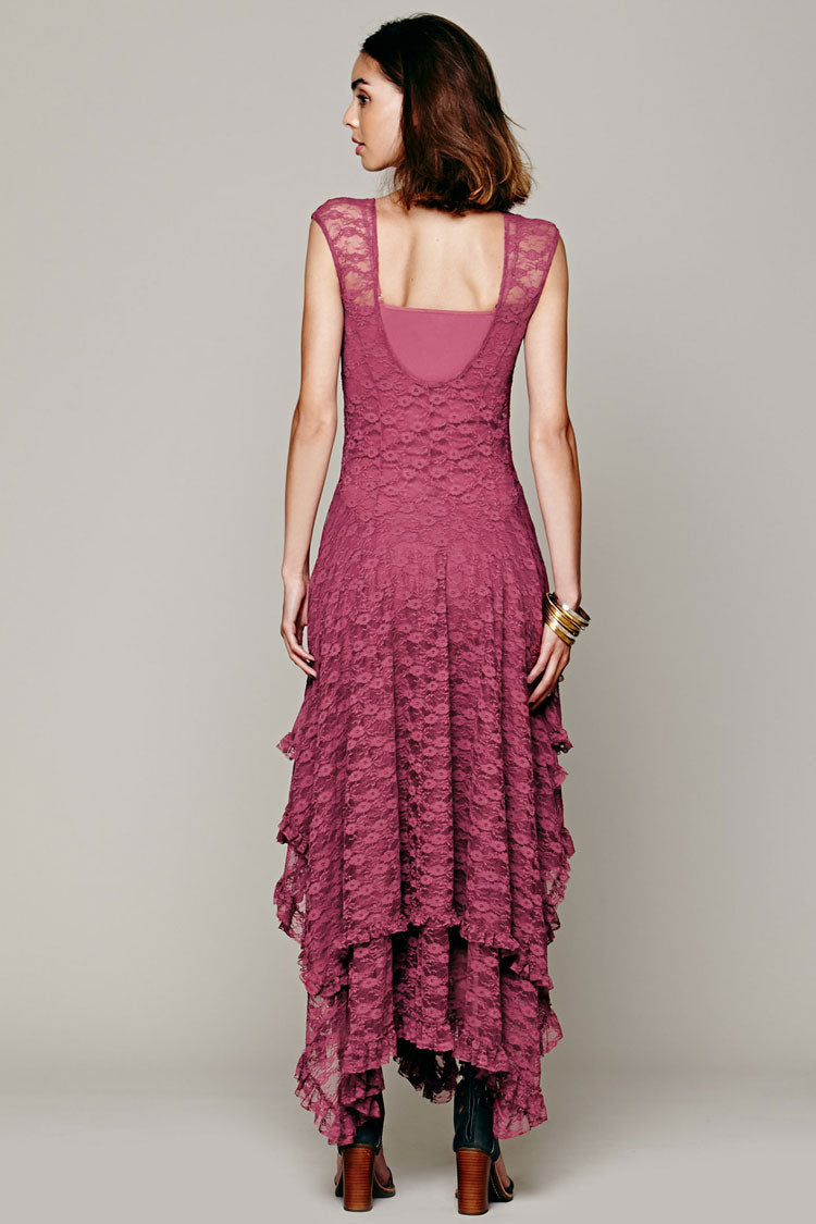 Asymmetric Tiered Ruffle Sleeveless Maxi Lace Dress - Mauve Fashionpara