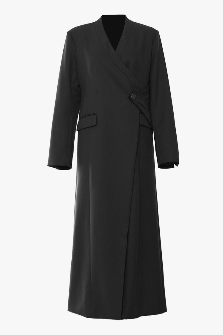 Asymmetrical Collarless One Button Duster Coat with Pads