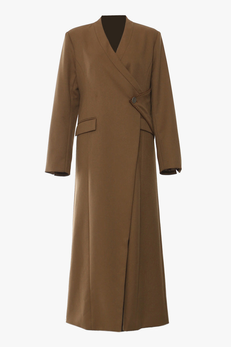 Asymmetrical Collarless One Button Duster Coat with Pads