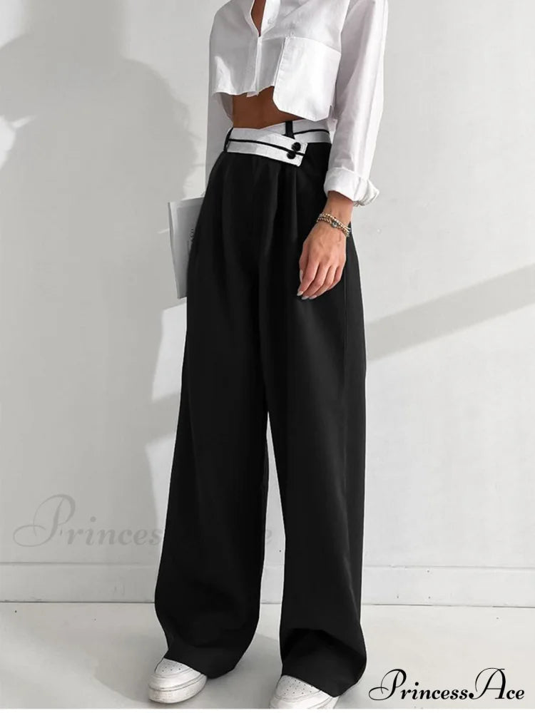 Asymmetrical Contrast Waistband Trendy Wide Leg Dress Pants