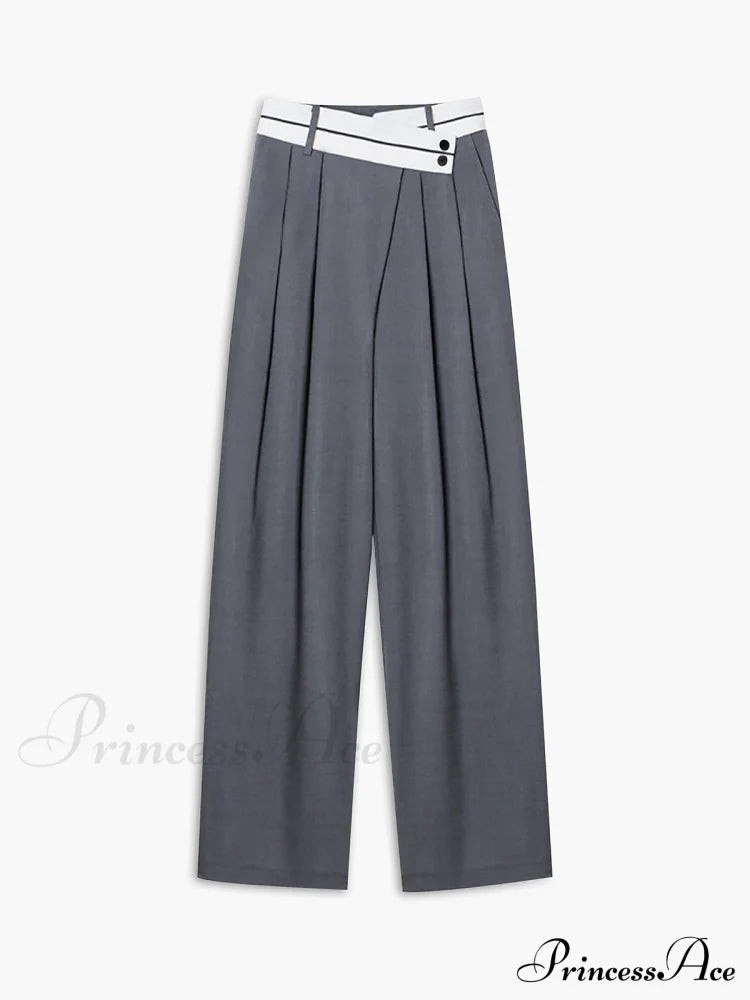 Asymmetrical Contrast Waistband Trendy Wide Leg Dress Pants