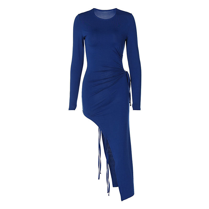 Crew Neck Long Sleeve Cut Out Drawstring Split Bodycon Maxi Dress 3