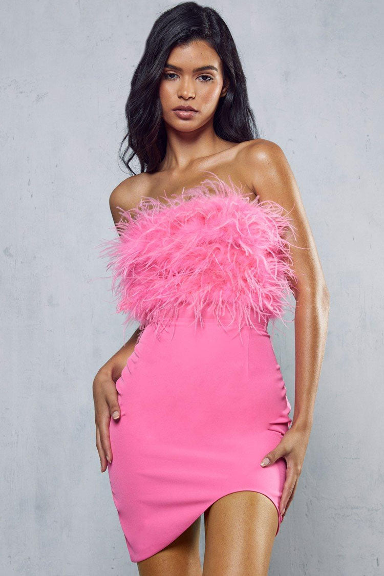 Asymmetrical Faux Feather Trim Cutout Back Strapless Party Mini Dress - Rose Fashionpara