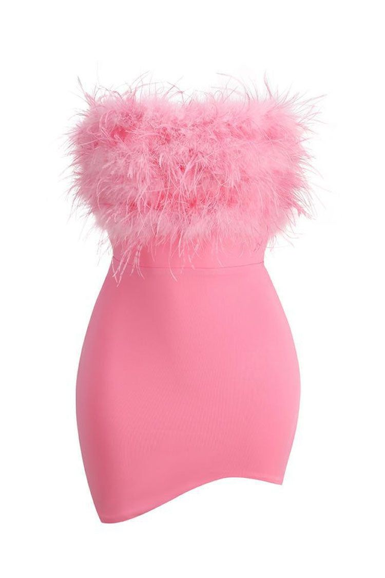 Asymmetrical Faux Feather Trim Cutout Party Mini Dress - Rose - View 4