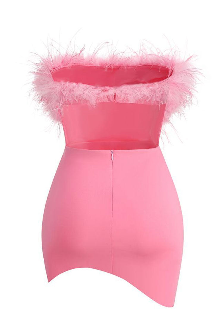 Asymmetrical Faux Feather Trim Cutout Party Mini Dress - Rose - View 5