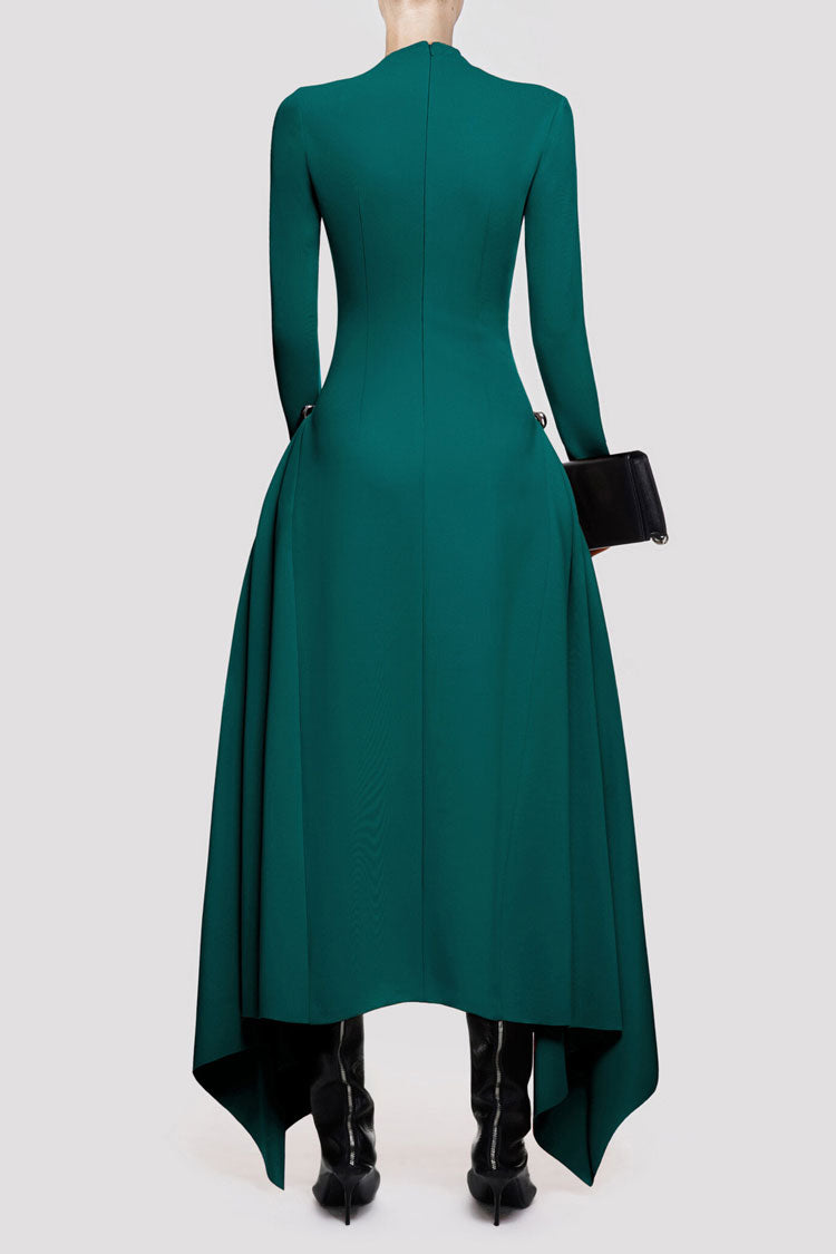 Asymmetrical High Neck Long Sleeve Metallic Draped Evening Maxi Dress