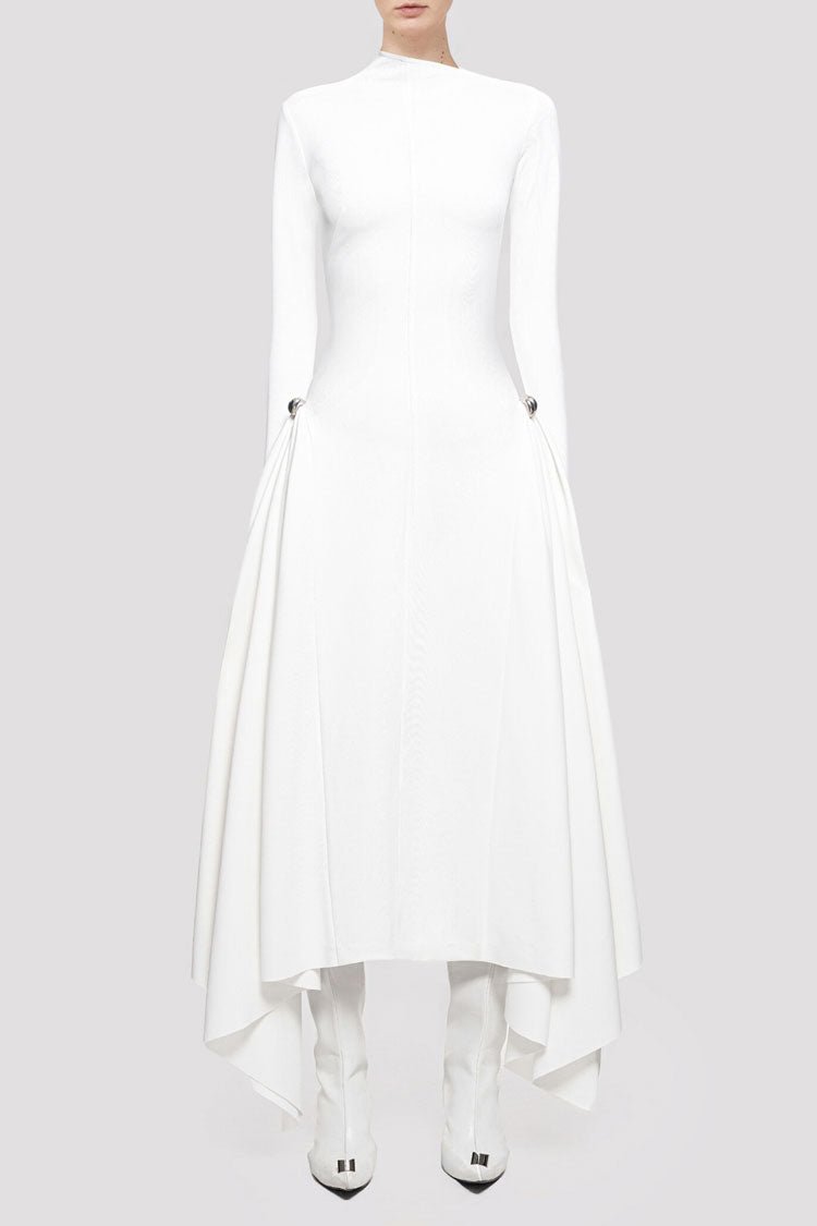 Asymmetrical High Neck Long Sleeve Metallic Draped Evening Maxi Dress