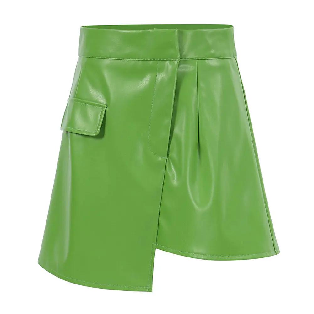 Asymmetrical High Waist Seamed Trim Vegan Leather Mini Skirt - Green Fashionpara