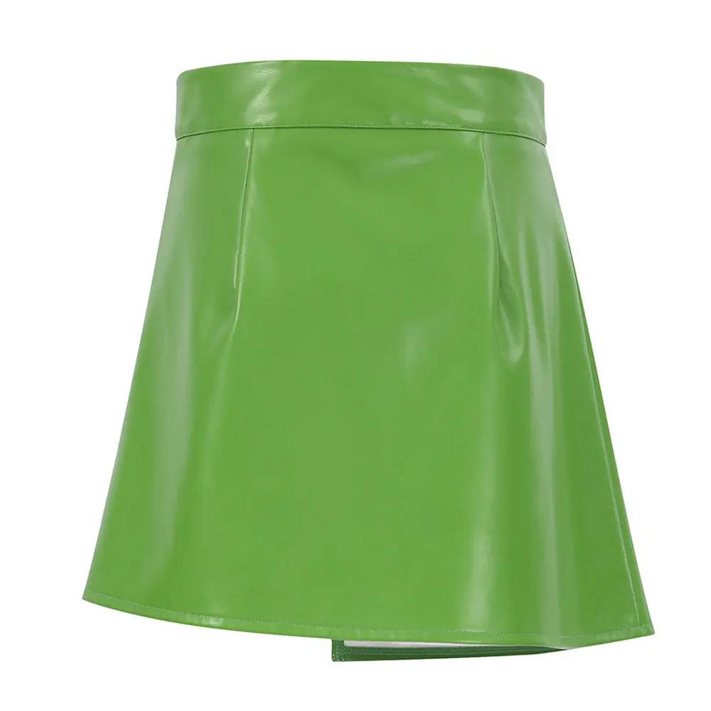 Asymmetrical High Waist Seamed Trim Vegan Leather Mini Skirt - Green Fashionpara