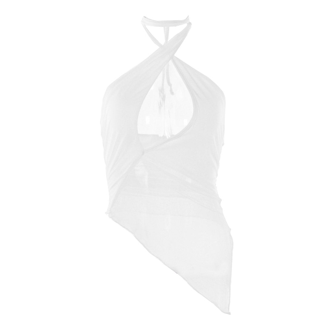 Asymmetrical Mesh Cut Out Sleeveless Wrap Halter Top - White - Fashionpara