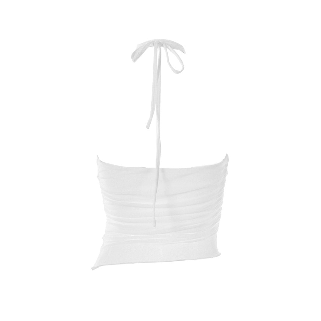 Asymmetrical Mesh Cut Out Sleeveless Wrap Halter Top - White - Fashionpara