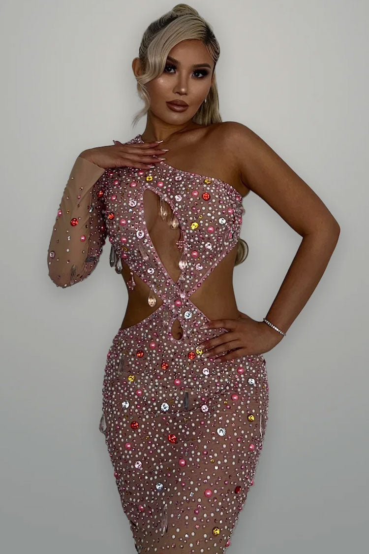 Asymmetrical Neck One Sleeve Cutout Mesh Rhinestone Evening Maxi Dress - Pink  Fashionpara