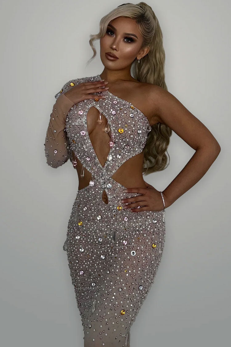 Asymmetrical Neck One Sleeve Cutout Mesh Rhinestone Evening Maxi Dress - White  Fashionpara