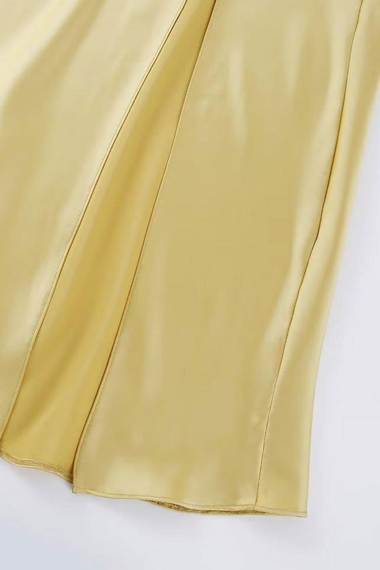 Asymmetrical One Shoulder Backless Satin Sleeveless Midi Dress - Muted Yellow  Fashionpara