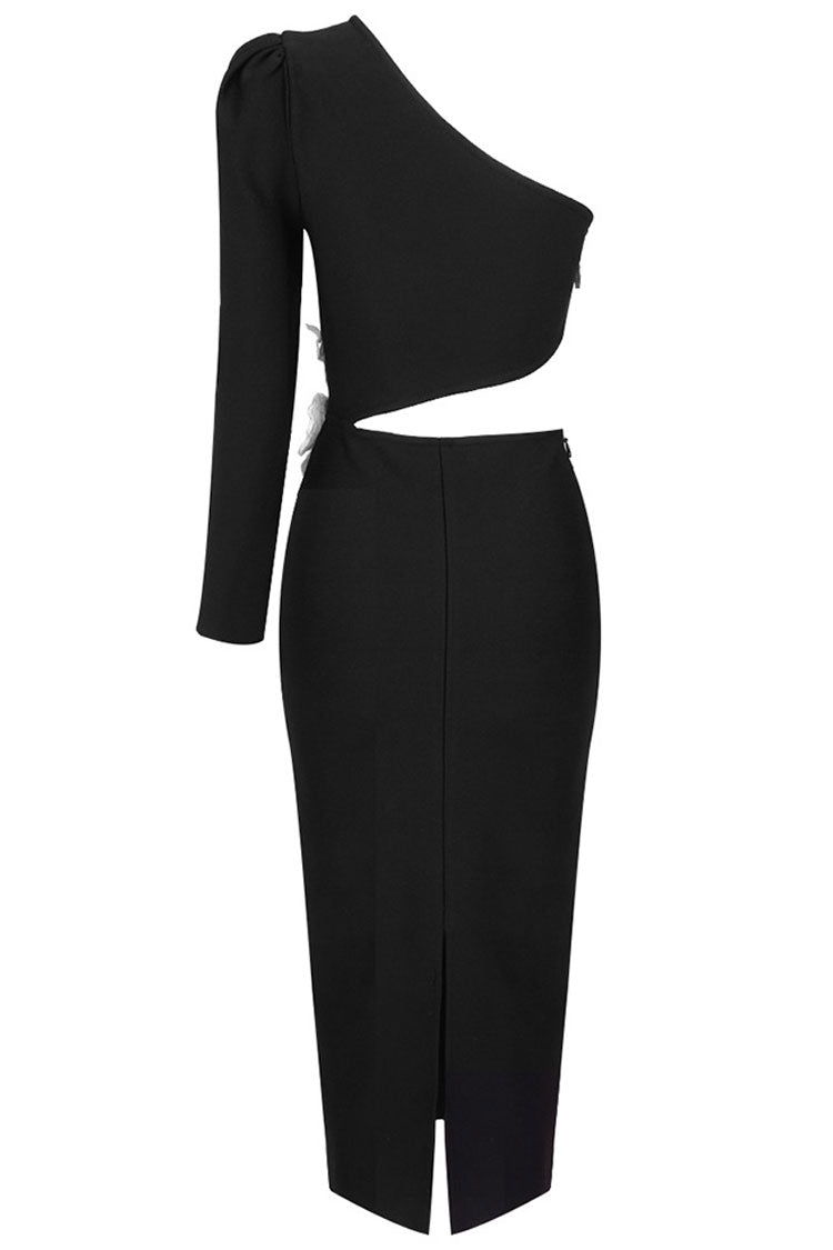 Asymmetrical One Shoulder Flower Applique Cutout Cocktail Party Midi Dress - Black - Fashionpara