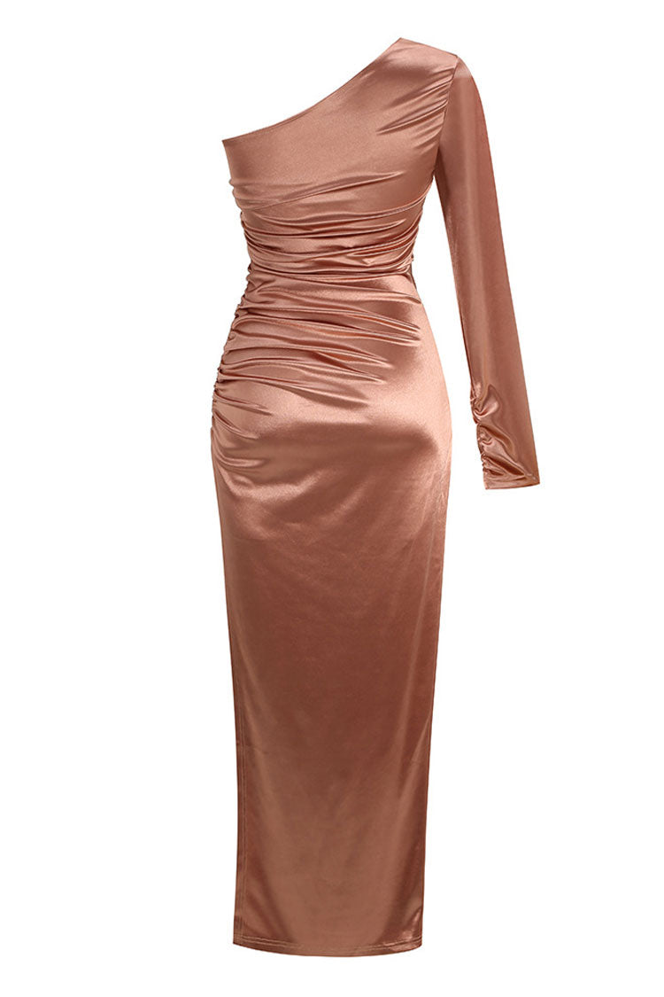 Asymmetrical One Shoulder Long Sleeve Ruched Split Evening Maxi Dress - Brown  Fashionpara