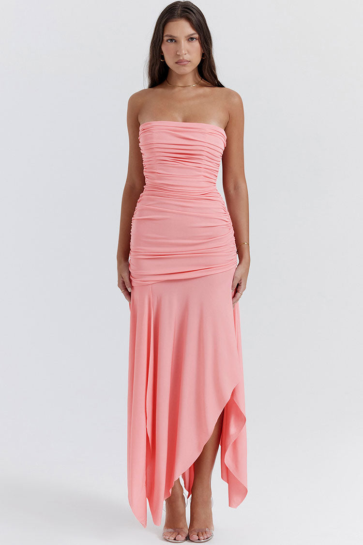Asymmetrical Ruched Strapless Bodycon Drop Waist High Split Cocktail Dress - Pink - Fashionpara